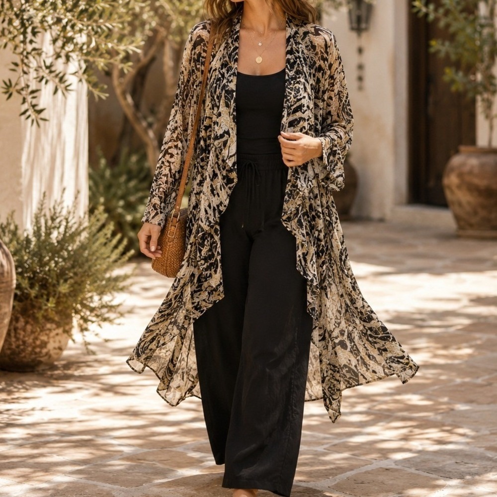 Nefertiti Collection Womens Medium Black Beige Rayon Abstract Ruffle Duster